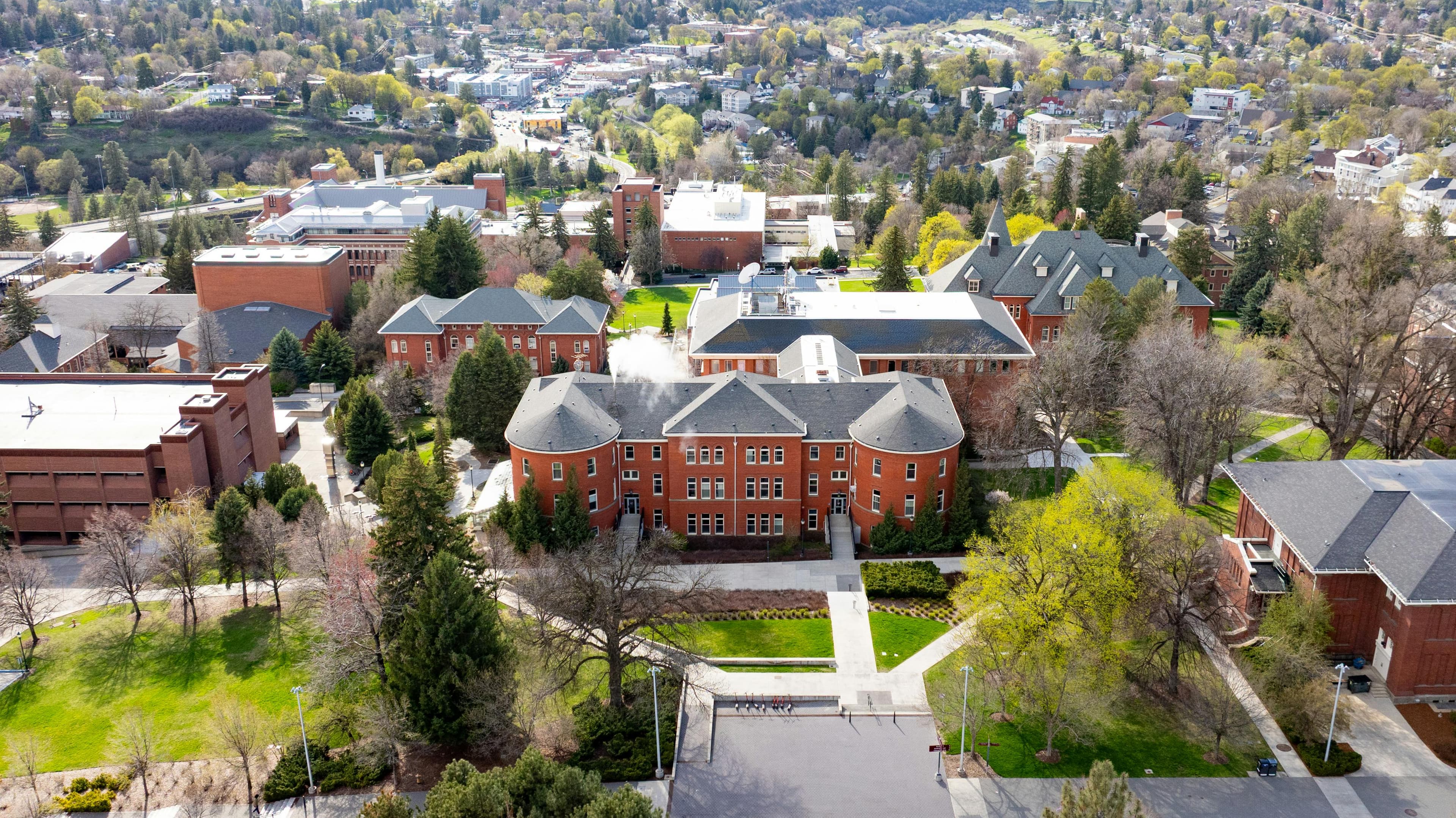 Aerial view of a tree-lined academic quad with brick buildings.